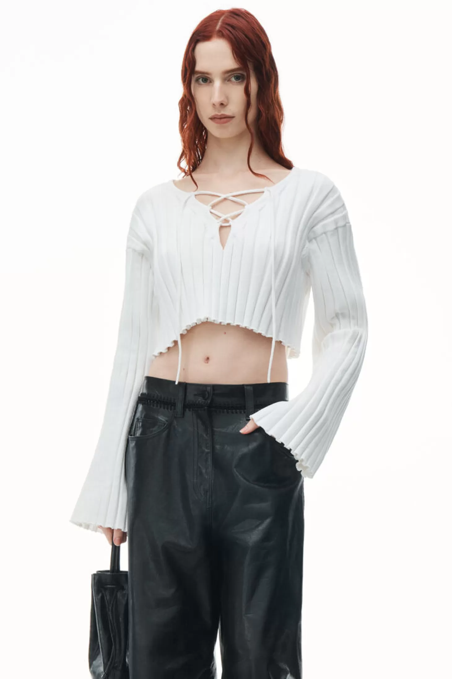 Knitwear<ALEXANDERWANG.T DROP SHOULDER CROPPED LS PULLOVER W/ LACING DETAIL White