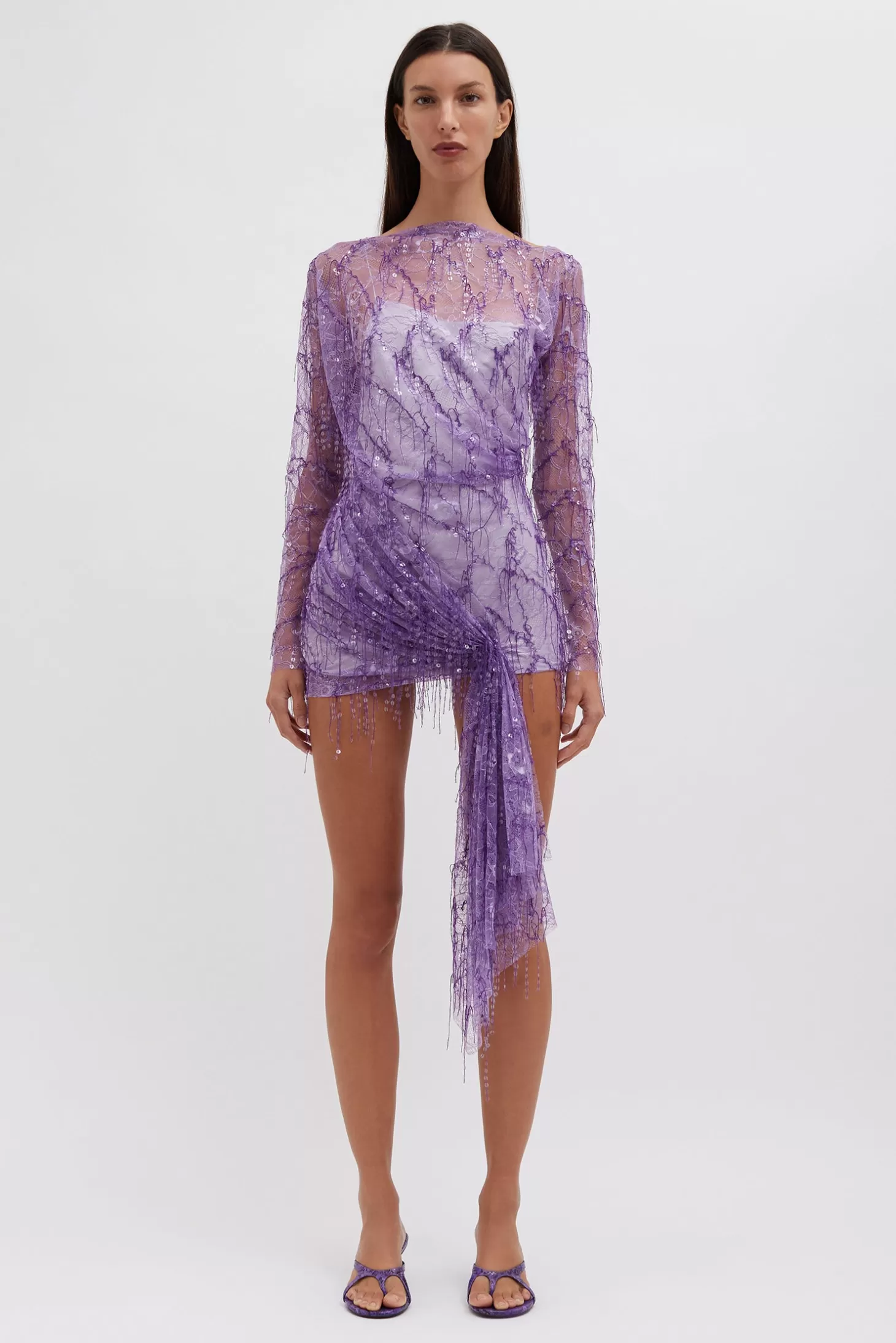 Dresses<CHRISTOPHER ESBER ENCASED BEADED IVY LACE L/S MINI DRESS Grape