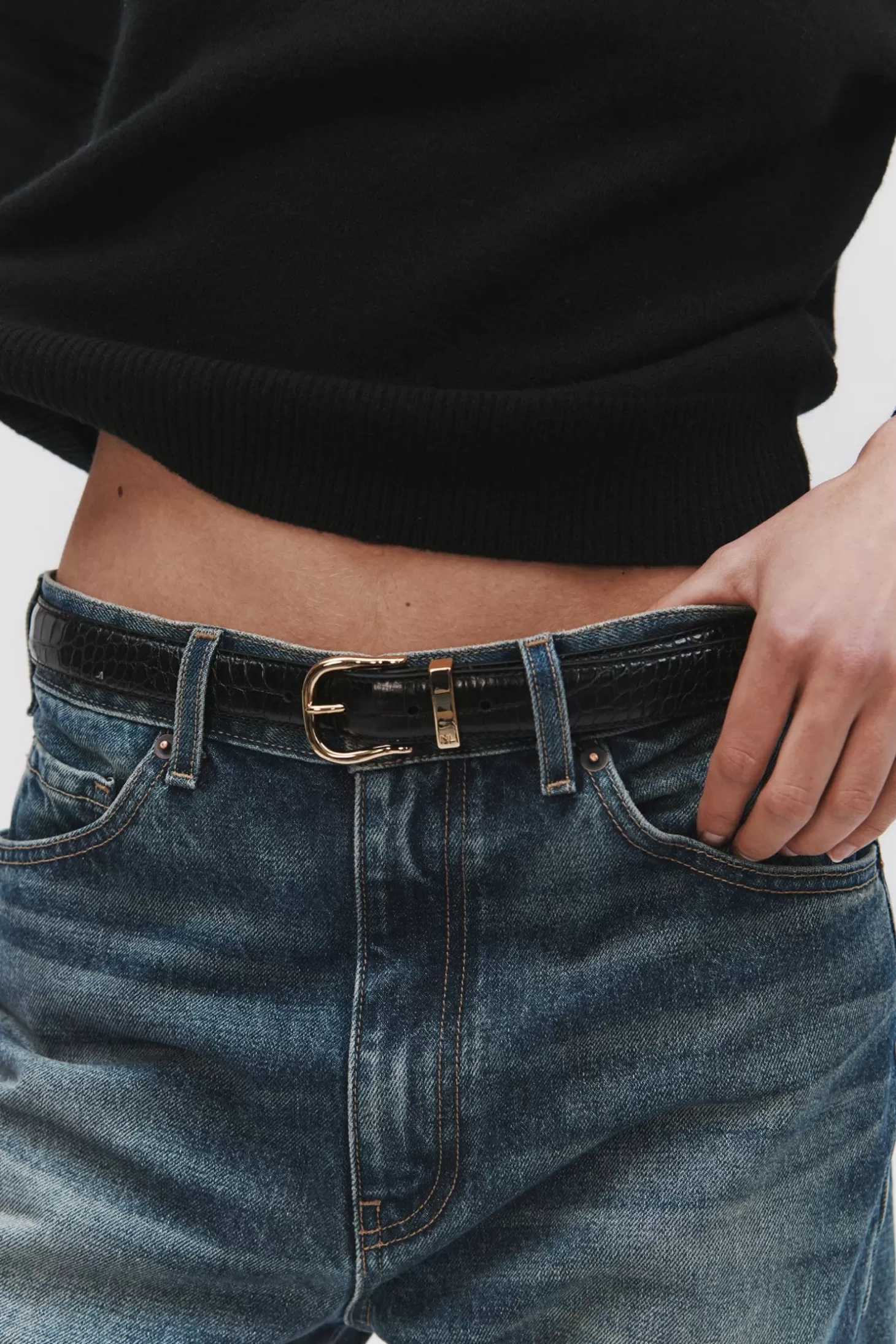 Belts<NILI LOTAN LOUISE BELT CROC BlackW/ShinyBrassBuckle